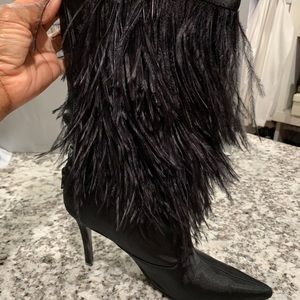 Black Feathered mid- calf boots